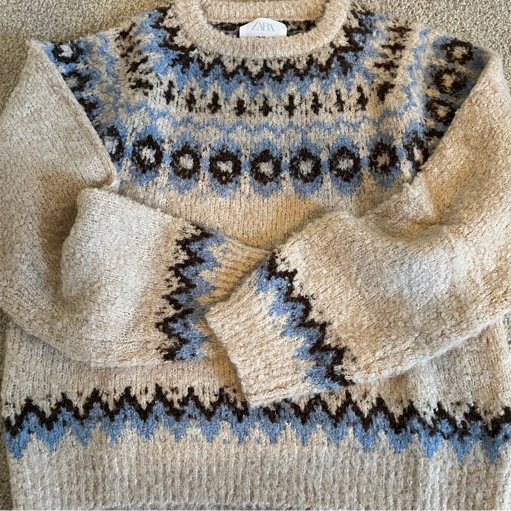 Zara Textured Knit Sweater in Cream and Brown